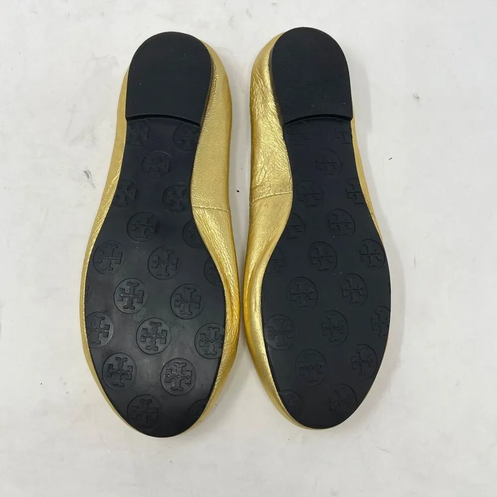 TORY BURCH Reva Gold Leather Flat Ballet Ballerina Shoes with T-Logo Women's 8.5